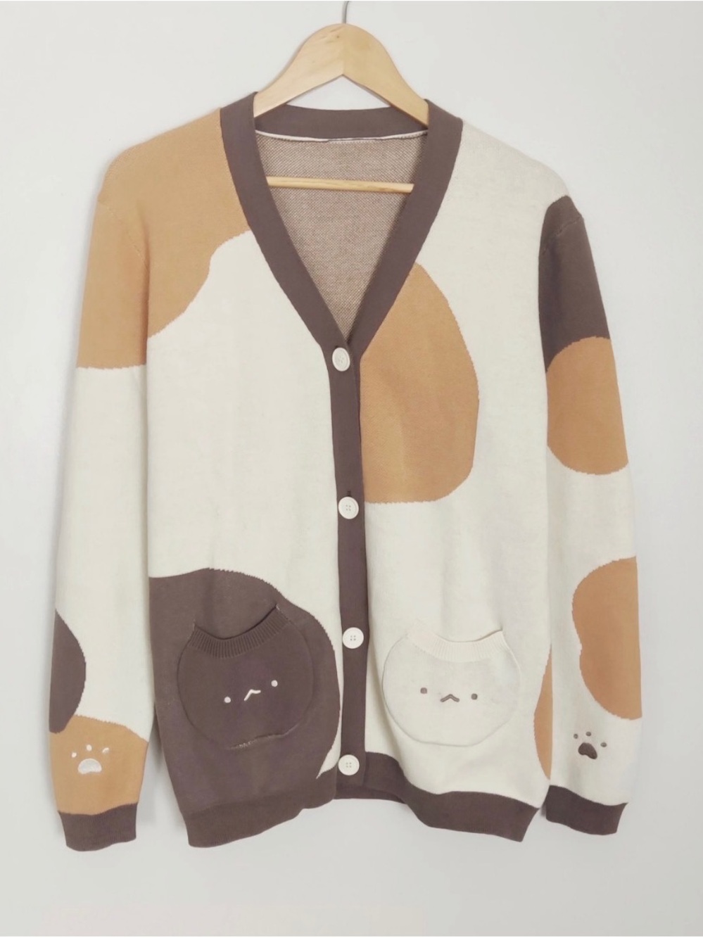 Cream and Brown Cat Pocket Button-Front Cardigan